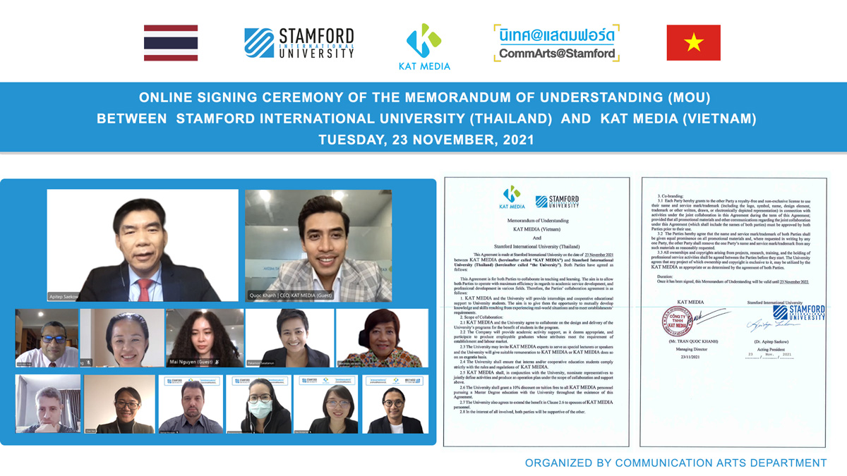 Virtual Signing Ceremony of the Memorandum of Understanding (MOU) between Stamford International University (Thailand) and KAT Media (Vietnam)